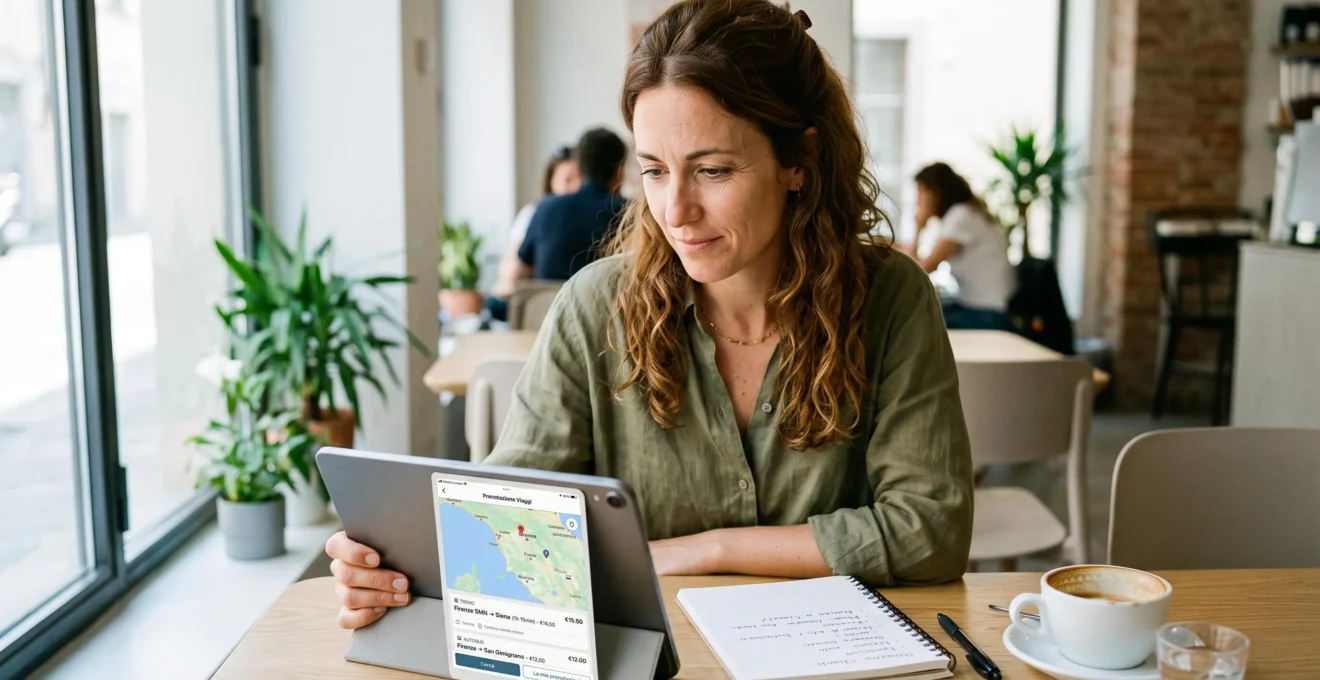 Donna che prenota un pass trasporto per la Toscana tramite tablet, consultando l'interfaccia di prenotazione con mappa delle città, seduta a un tavolo con taccuino e caffè