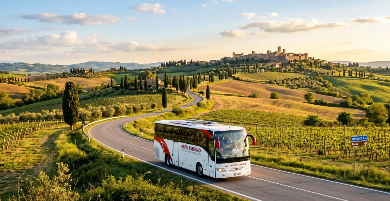 Pullman Gran Turismo bianco e rosso che percorre una strada panoramica tra colline toscane con vigneti e cipressi, sotto la luce dorata del tardo pomeriggio primaverile