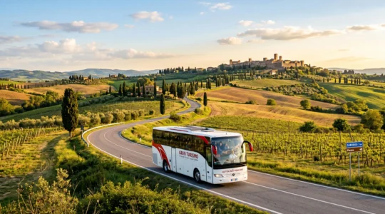 Pullman Gran Turismo bianco e rosso che percorre una strada panoramica tra colline toscane con vigneti e cipressi, sotto la luce dorata del tardo pomeriggio primaverile