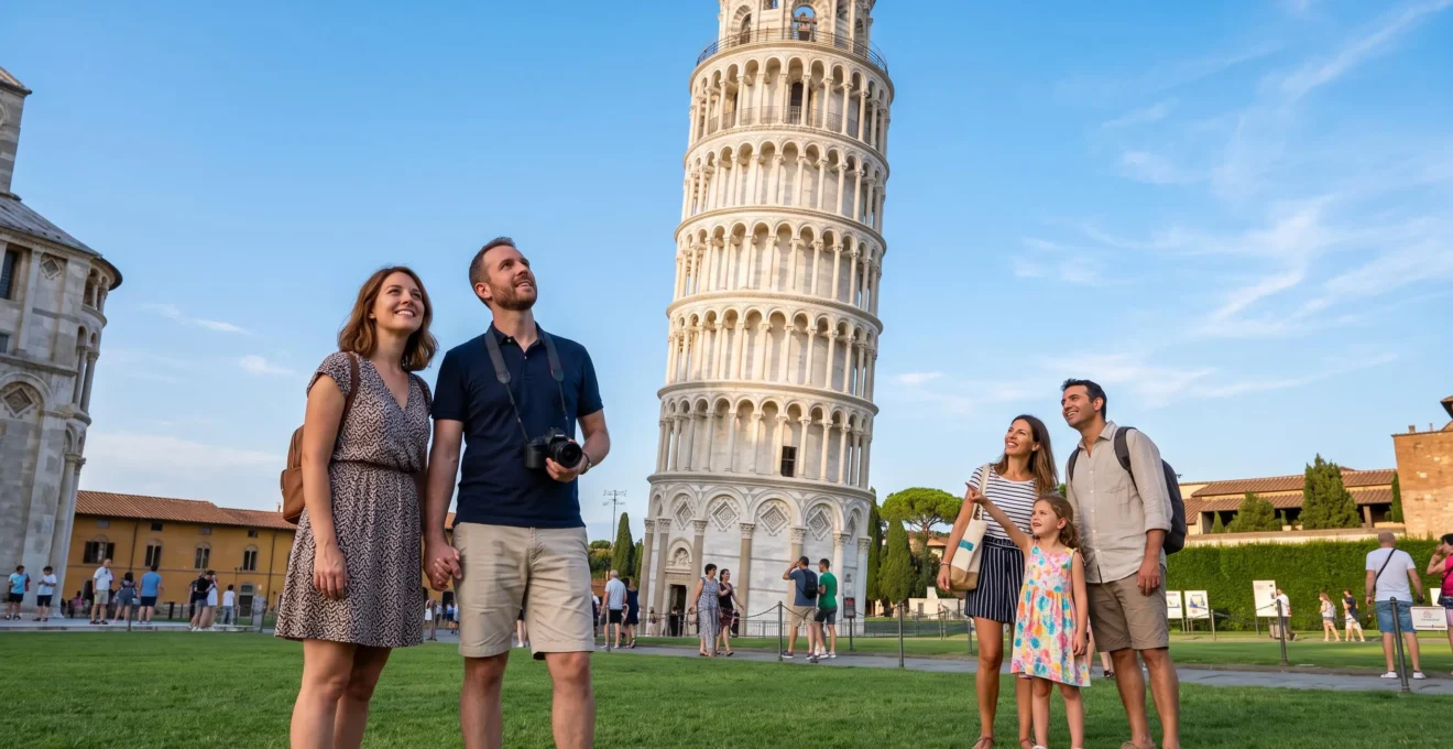Torre di Pisa vista dal prato della Piazza dei Miracoli con turisti che ammirano il celebre campanile pendente in una giornata di sole