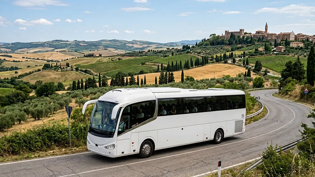 Pullman Gran Turismo bianco e rosso che percorre una strada panoramica tra colline toscane con vigneti e cipressi, sotto la luce dorata del tardo pomeriggio primaverile