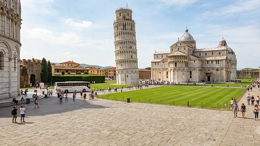 Torre di Pisa vista dal prato della Piazza dei Miracoli con turisti che ammirano il celebre campanile pendente in una giornata di sole